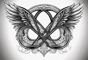Infinity sign with dates 01/59-02/16 and angle wings in the background tattoo idea