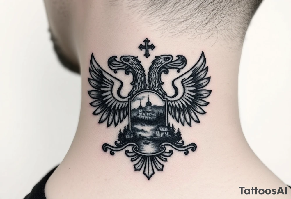 Traditional authentic Russian coat of arms with double headed eagle & a well shaded Christian orthodox virgin marry in the middle with silhouette of a lake in a Russian wilderness Christian orthodoxy dome church village setting on the side of my neck tattoo idea