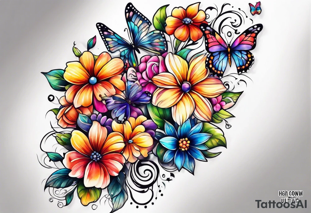 Arm sleeve with rainbow flowers and butterflies tattoo idea