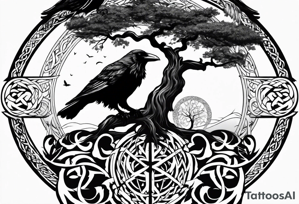 world tree with a cat and a raven and knotwork sleeve tattoo tattoo idea