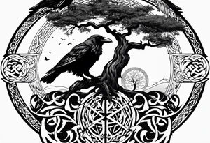 world tree with a cat and a raven and knotwork sleeve tattoo tattoo idea