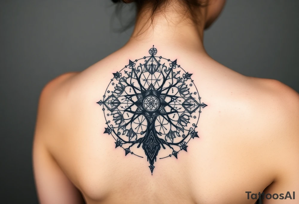 Sephiroth tree tattoo with sacred geometry and cosmic elements 10 Sephiroth Kabbala tattoo idea
