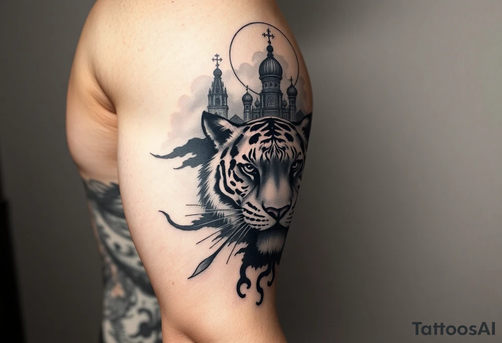 in a dorsal view of the hand and forearm a tiger face on the hand with black hollowed eyes, then above this a orthodox church shrouded with a mist and fading into a virgin mary overlooking tattoo idea