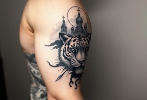 in a dorsal view of the hand and forearm a tiger face on the hand with black hollowed eyes, then above this a orthodox church shrouded with a mist and fading into a virgin mary overlooking tattoo idea