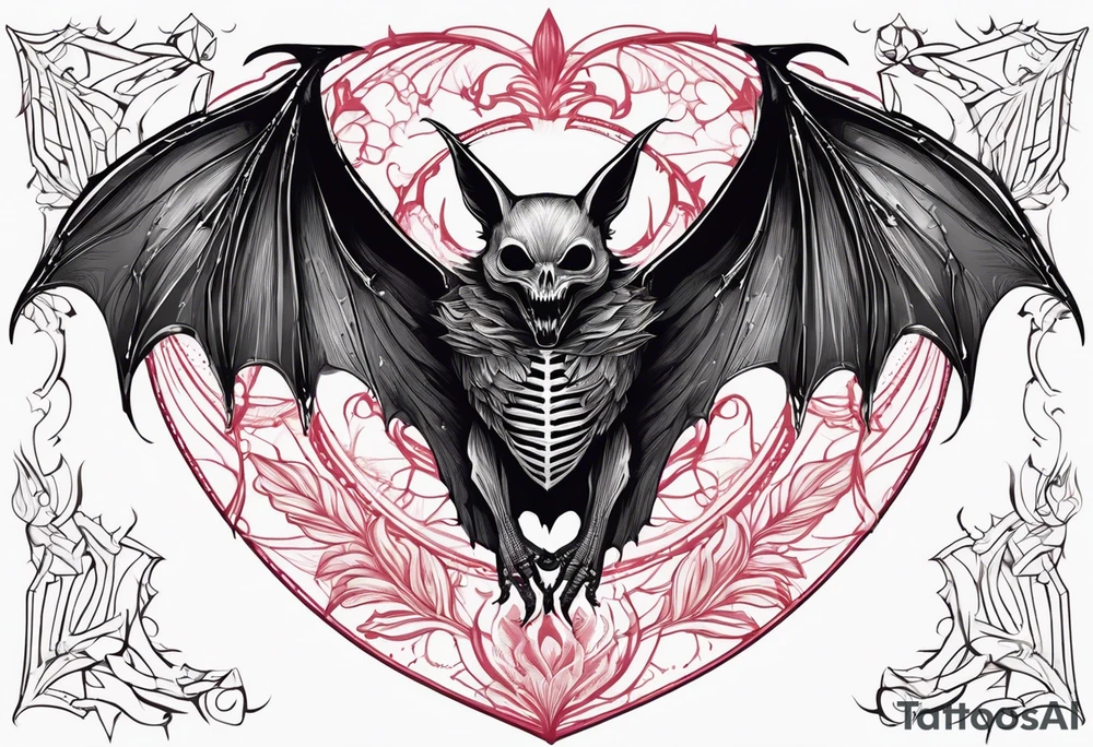 Evil bat holding a lycoris radiata, skeleton hands making heart shape with fingers around the bat, lycoris radiata accents surrounding the outside tattoo idea