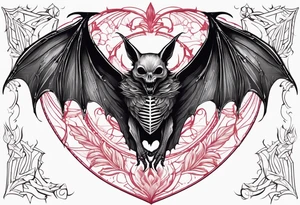 Evil bat holding a lycoris radiata, skeleton hands making heart shape with fingers around the bat, lycoris radiata accents surrounding the outside tattoo idea