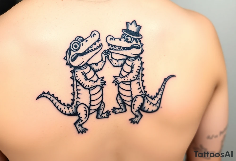 two cartoon mardi gras alligators dancing tattoo idea