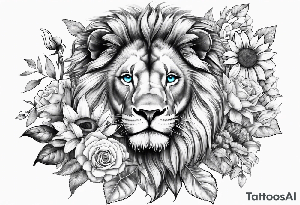 Lion with blue eyes with sunflowers, roses, gerberas and lillys with clocks tattoo idea