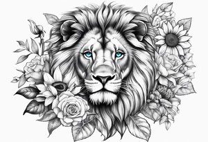 Lion with blue eyes with sunflowers, roses, gerberas and lillys with clocks tattoo idea