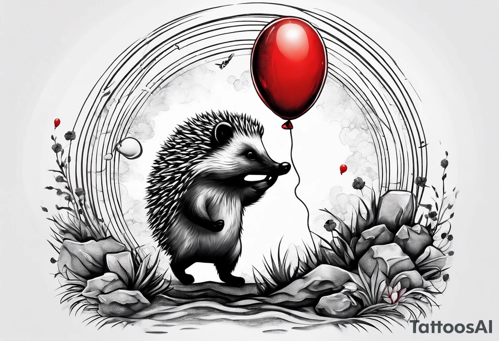 A hedgehog with a red balloon in his hands. He is happy. Behind him is a bear and growls tattoo idea