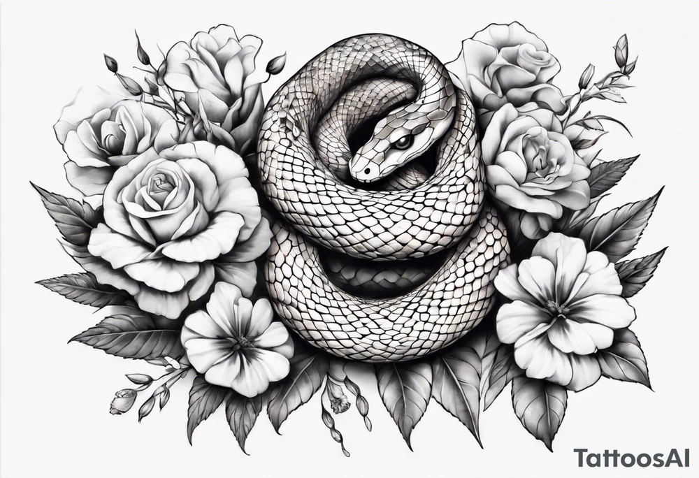 Snake wrapped around flowers tattoo idea