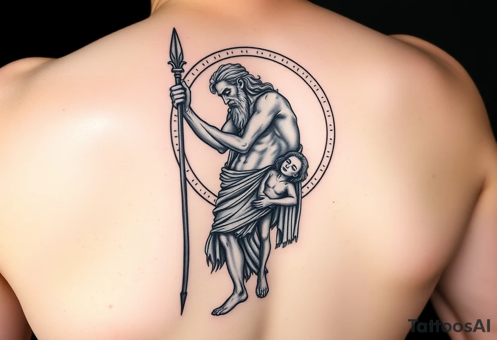 a tattoo design of the Greek God Saturn but older and nearly dying holding his spear looking down using the spear to keep himself upright, in his other arms cradling a twin dying younger version of himself. The gemini constellation is in the background behind the Saturn Gods. Long vertical form as this will be on a thigh - include the planet Saturn rings going round the design tattoo idea