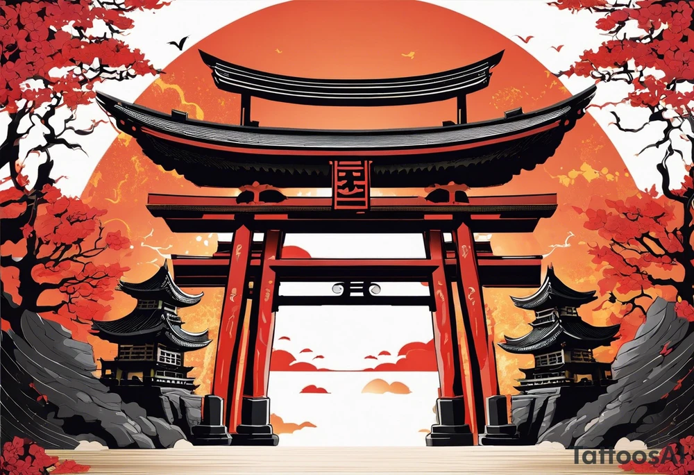 glimpse of torii gate in biomechanical style. 15% of size, placed in bottom 

Above the gate is a bust of Dominant demonic and formidable face with royal king features, has a slight evil grin and a devil fang teeth, similar to skull features, framed by deep-set glowing galaxy eyes, head has crown of prominent purple deep blue flames (Not standalone horns) with intricate recognizable swirling galaxy and peacock feather textures.

face has intricate swirling biomechanical tattoo texture. prominent colours are blue, violet, deep purple, with orange highlights.

face has braids hanging with feathers at end. face is 85% of size and is above gate tattoo idea