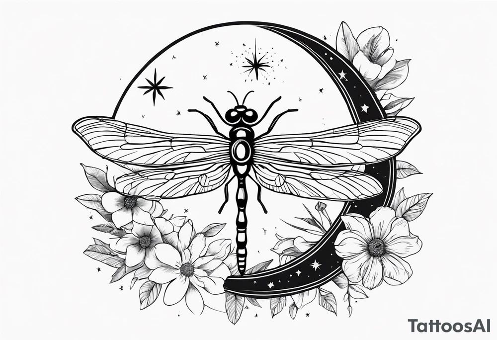sun and moon together, dragonfly, something that covers the upper part of the arm, with some flowers and stars tattoo idea