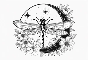 sun and moon together, dragonfly, something that covers the upper part of the arm, with some flowers and stars tattoo idea