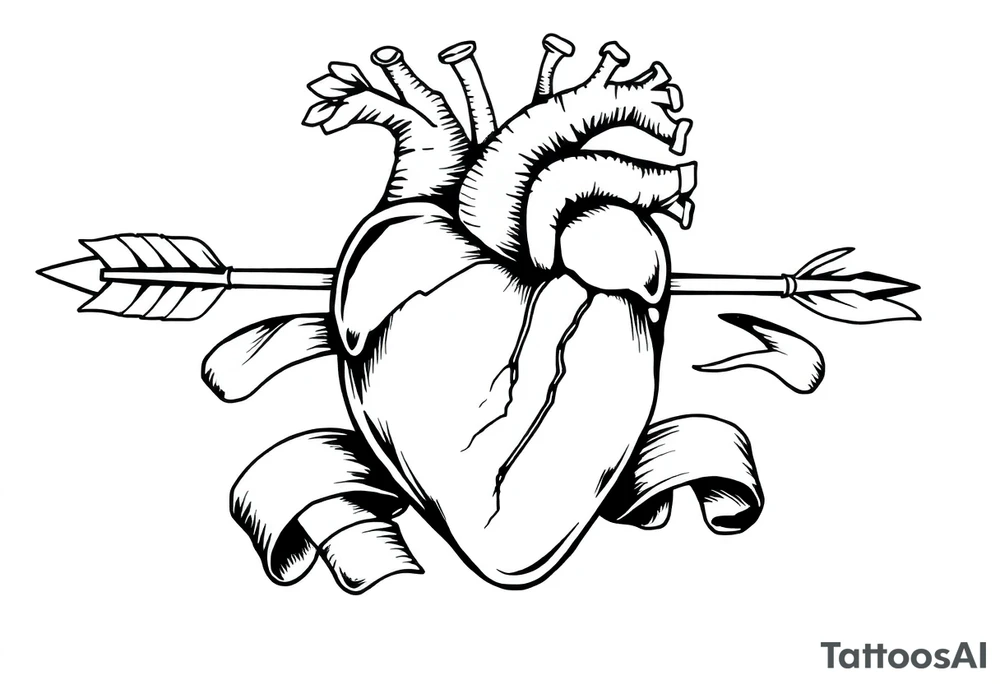 anatomical heart pierced by ornate arrow with flowing ribbons tattoo idea