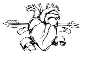 anatomical heart pierced by ornate arrow with flowing ribbons tattoo idea