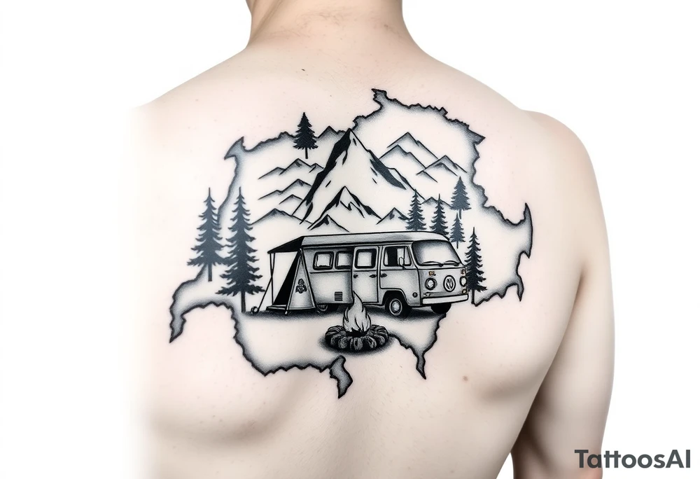 Simplistic, black and white tattoo, the whole tattoo must be completely inside the contour of the Switzerland map. A little camping tent on a side, a VW Caddy on the side, a little fire, in the woods, surrounded by alps and a couple pine trees. Arm tattoo tattoo idea