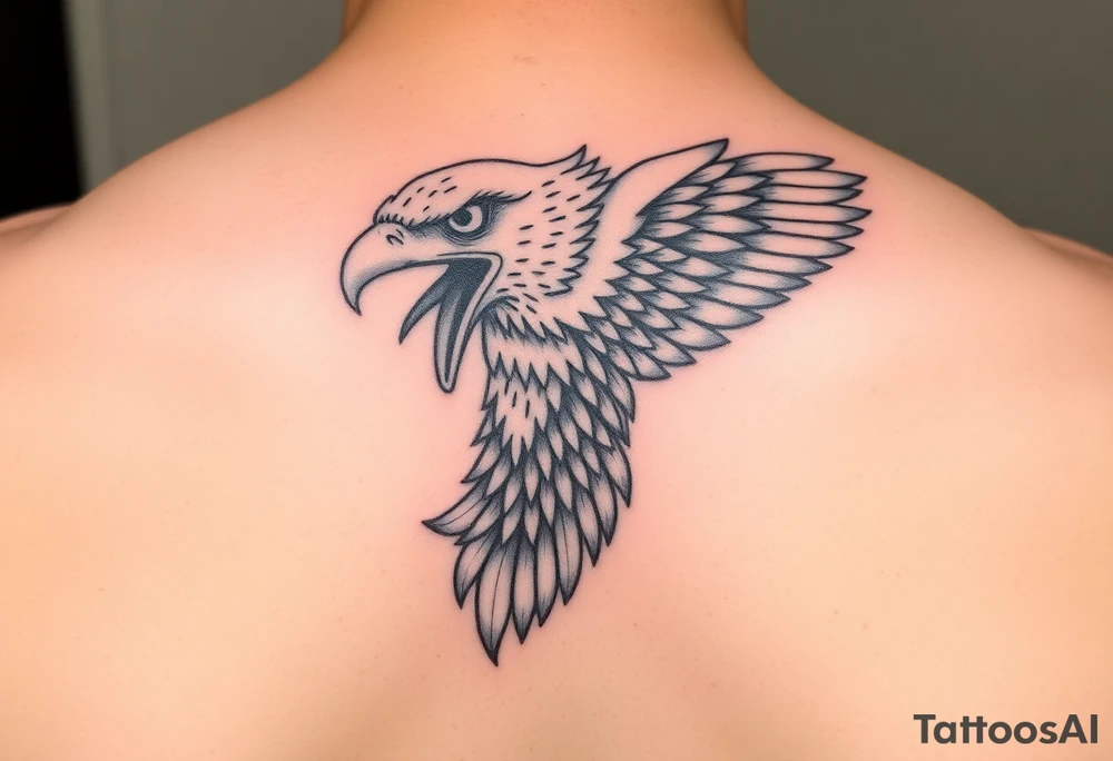 Give me a Neo traditional tattoo of a bald Eagle. Mouth open with tongue sticking out. Swooping down. tattoo idea