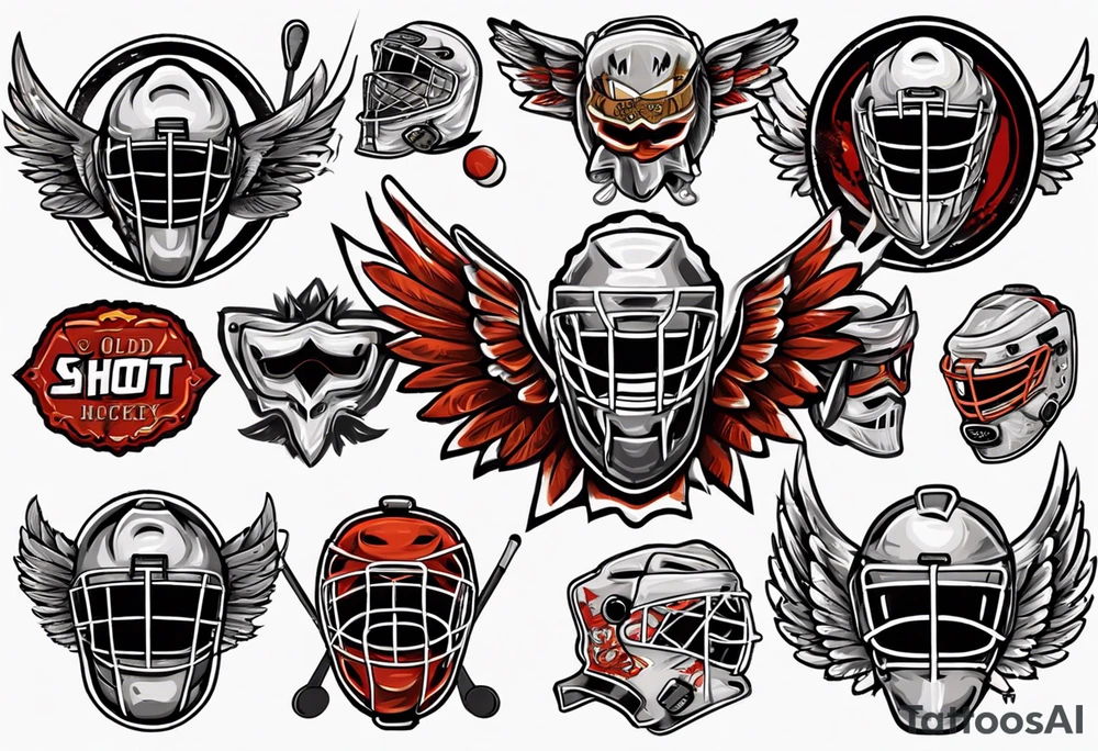 hockey puck with wings and a goalie mask that says "SHOT HOCKEY" tattoo idea