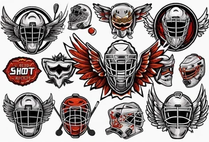hockey puck with wings and a goalie mask that says "SHOT HOCKEY" tattoo idea
