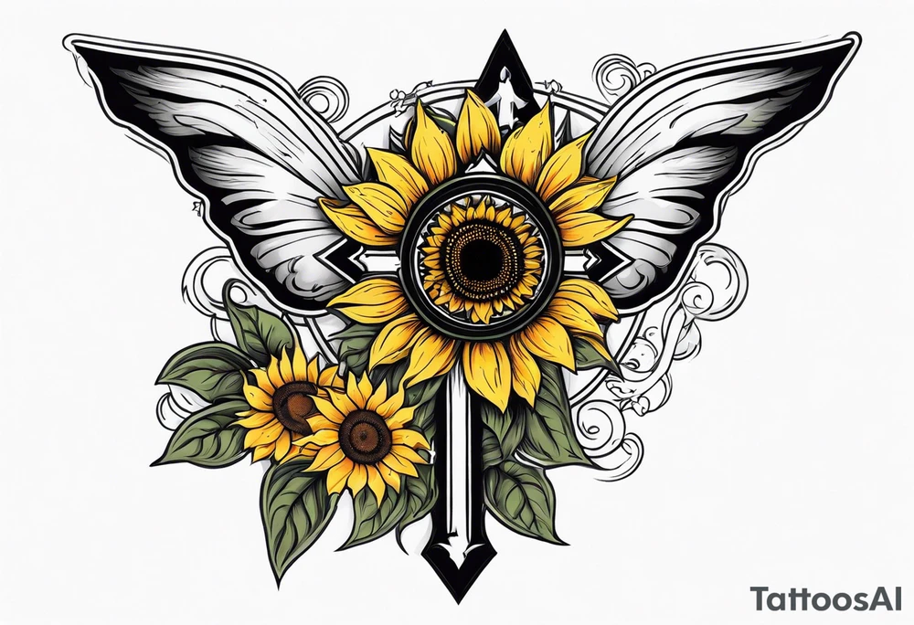 Arm sleeve with Winged cross with sunflower and butterflies tattoo idea