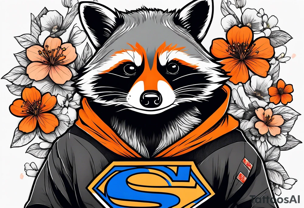 raccoon wearing a black and white Superman hoodie and orange Japanese cherry blossoms tattoo idea
