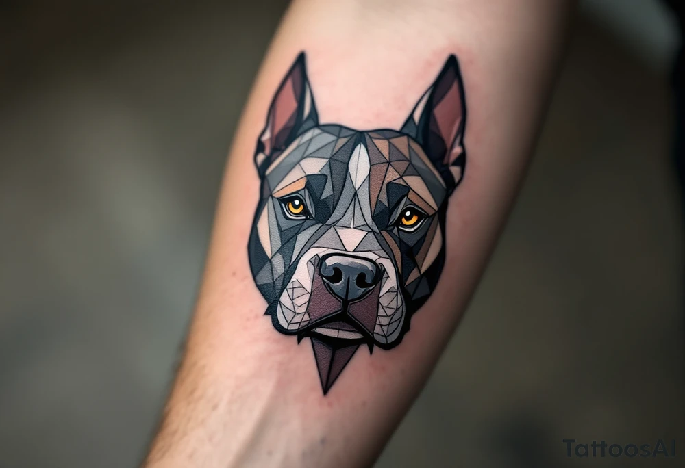 Geometric pitbull head design, sharp black lines, divided into sections with shades of gray, deep brown, and white. tattoo idea