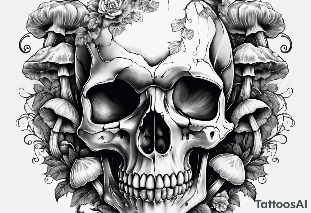 Skull with mushrooms attached like it’s becoming a part of them tattoo idea