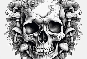 Skull with mushrooms attached like it’s becoming a part of them tattoo idea