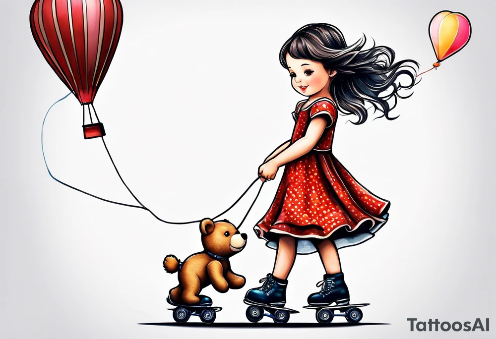 a little girl in a dress standing with a teddy bear in roller skates, flying a kite tattoo idea