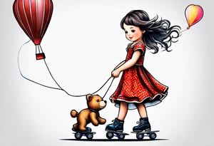 a little girl in a dress standing with a teddy bear in roller skates, flying a kite tattoo idea