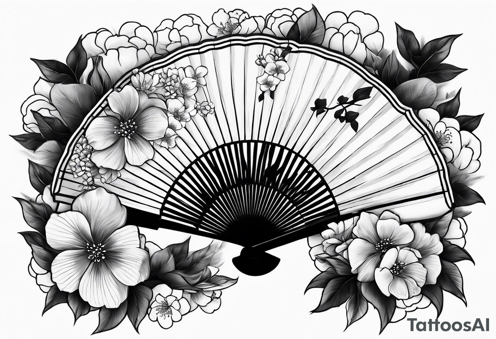 All Black Japanese fan with flowers behind it tattoo idea
