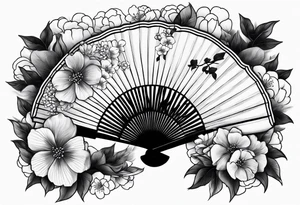 All Black Japanese fan with flowers behind it tattoo idea