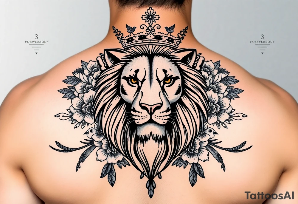 powerful majestic lion with a crown, surrounded by floral ornaments and birds tattoo idea