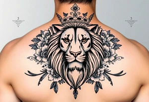 powerful majestic lion with a crown, surrounded by floral ornaments and birds tattoo idea