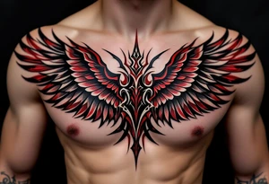 Bold gothic lettering in deep crimson ink, flanked by black raven wings spreading outward on the chest. tattoo idea