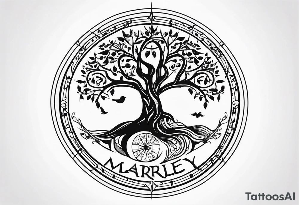 Create me a tattoo only in black with thin lines with a tree of life in the middle, a compass above with GPS coordinates, three little birds from the music "three little birds" by Bob Marley. tattoo idea
