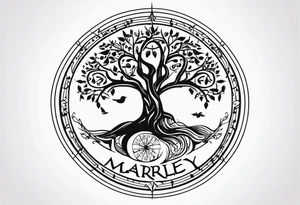 Create me a tattoo only in black with thin lines with a tree of life in the middle, a compass above with GPS coordinates, three little birds from the music "three little birds" by Bob Marley. tattoo idea