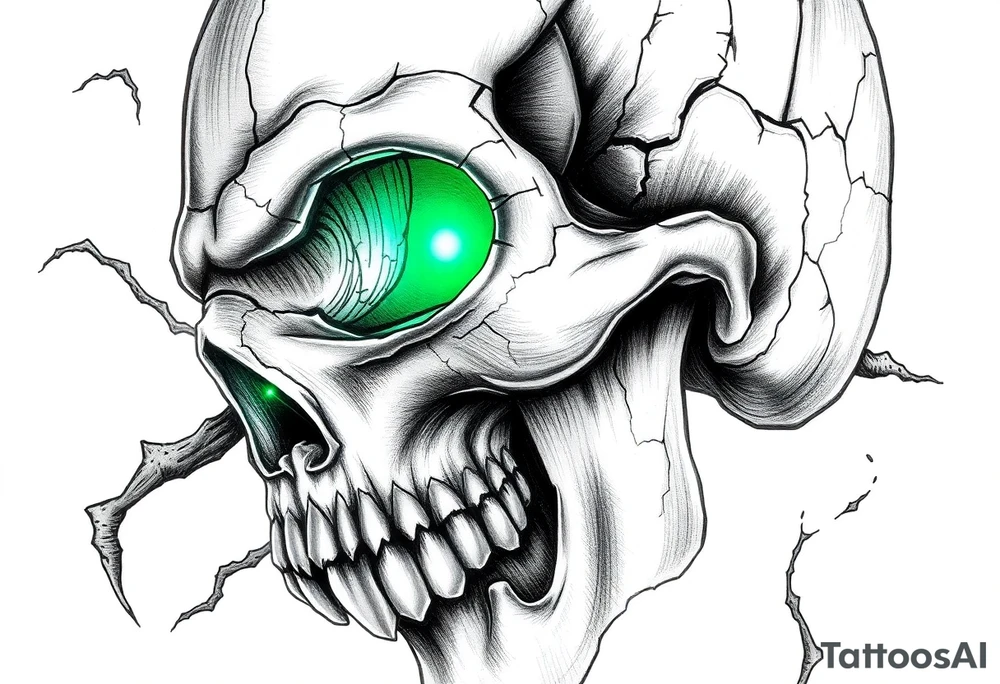 Close-up of a cracked skull with glowing emerald eyes, dark fantasy art. tattoo idea