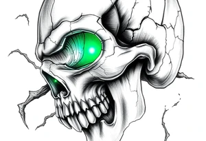 Close-up of a cracked skull with glowing emerald eyes, dark fantasy art. tattoo idea