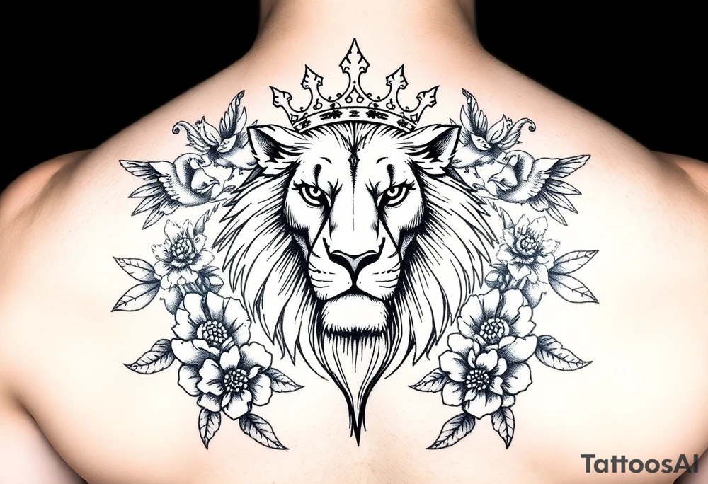 powerful majestic lion with a crown, surrounded by floral ornaments and birds tattoo idea