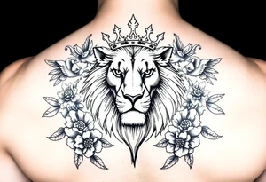 powerful majestic lion with a crown, surrounded by floral ornaments and birds tattoo idea