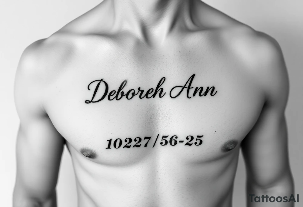 Deborah Ann in cursive in chest with 10/23/56-25 on the bottom tattoo idea