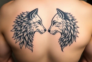 Man and woman facing each other both transforming into wolves tattoo idea