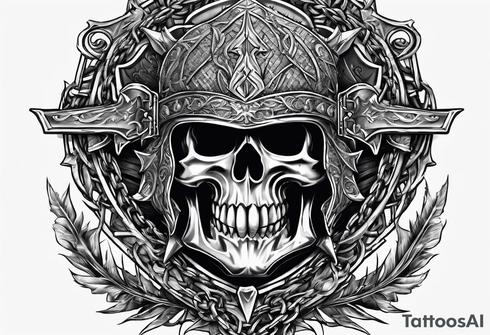 Valhalla sword round shield axe barbed wire chains tattoo idea
