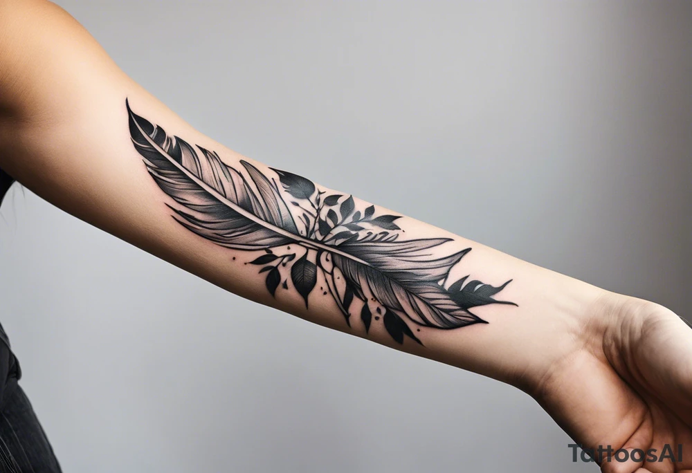 The tattoo begins on the left arm, at the elbow, where feathers are flying under the action of the wind towards the left hand. These feathers share the air space with branches that have leaves, and both elements move together up the left arm. As they approach the shoulder, some lightning appears between them. At this point, the feathers start to converge toward the left chest, where a vortex of energy reveals the head of an owl. The branches converge toward the left side of the back, passing over the shoulder. On the left side of the back, there is a dense, psychedelic element representing the energy of life's creation, with references to the earth, element, and planet. There is also a clay house in this area. tattoo idea