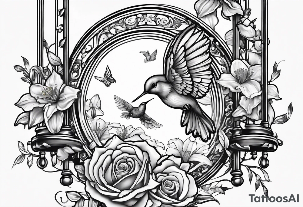 crying broken angel on swing add rose, lily daffodil, daisy, carnation narcissus around add hummingbird tattoo idea