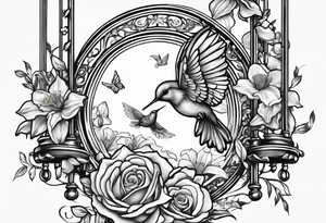 crying broken angel on swing add rose, lily daffodil, daisy, carnation narcissus around add hummingbird tattoo idea