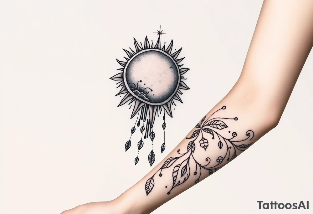 A large sun melting a snow flake and the snow flakes turning into rain drops as it rains down tattoo idea